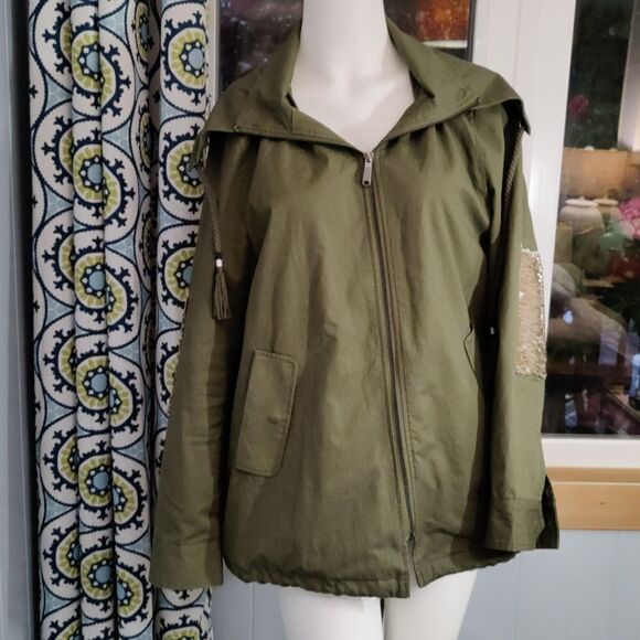 Sam Edelman Army Green Trench With Sequined Patches - Picture 1 of 7